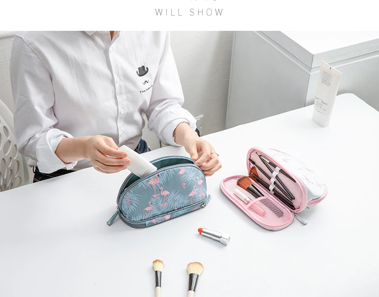 UOSC портативная косметичка с фламинго, Сумка с двойной подкладкой для путешествий, сумка для макияжа, круговая косметичка, органайзер для кистей для женщин