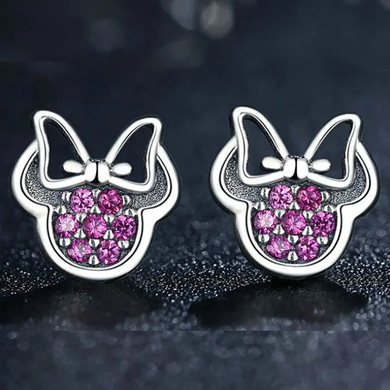 Посеребренные серьги для женщин розовый и красный CZ Minnie серьги гвоздики девушки леди подарок ювелирные изделия