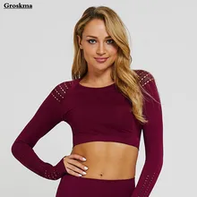 Женская футболка для йоги, короткий топ с длинными рукавами, быстросохнущая футболка для фитнеса, спортивные топы для бега, бесшовная футболка femme