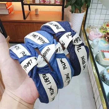 

Fashion Hairbands For Hair Accessories Women Blue Denim Fabric Letter Bowknot Wide Side Hair Hoop Turban Head Band Lady Headwear