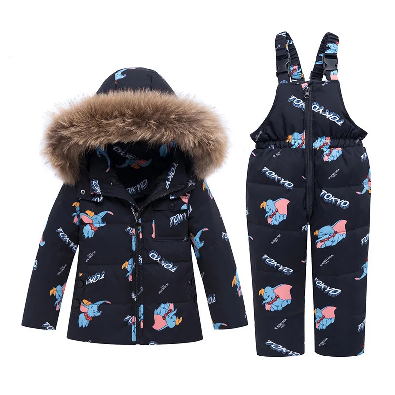 Kids Winter Down Parkas New Girls Ski Suits Cotton Cartoon Thick Warm Hoodies+bib Pants 2pcs Outfits For Boys Children Snowsuit