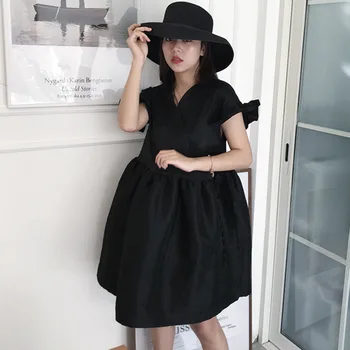 

LANMREM New Round Neck Short Sleeves Summer V-neck Flare Sleeves High Waist Big Bottom Black Dress WL14501L