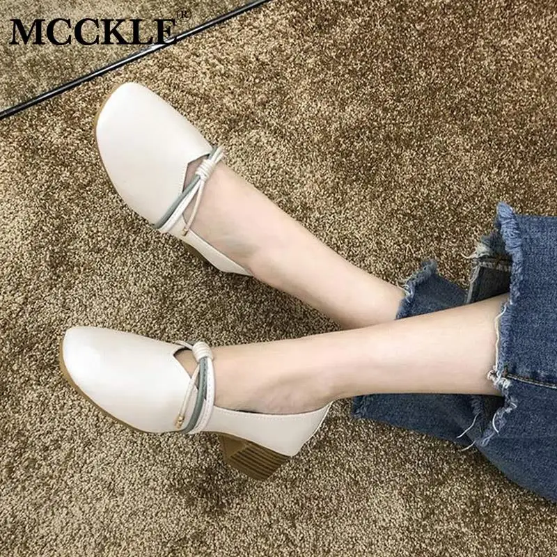 

MCCKLE Women Shoes Slip On Mid Heel Pumps Tie Knot Female Leather Elegant Square Toe Shoes Ladies Fashion Loafers Autumn New
