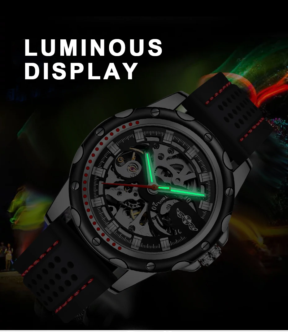 WINNER Brand 2019 New Fashion Men Automatic Mechanical Watches Luxury Brand Skeleton Luminous Hands Rubber Strap Sport Clock