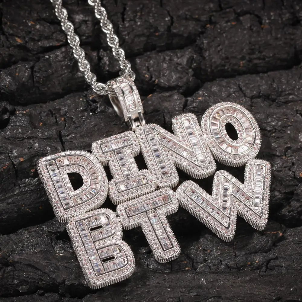 

Customized Charm Iced Cubic Zircon Small Baguette Initial Letters Pendant Necklace Words Peronalized Name Pendant Jewelry