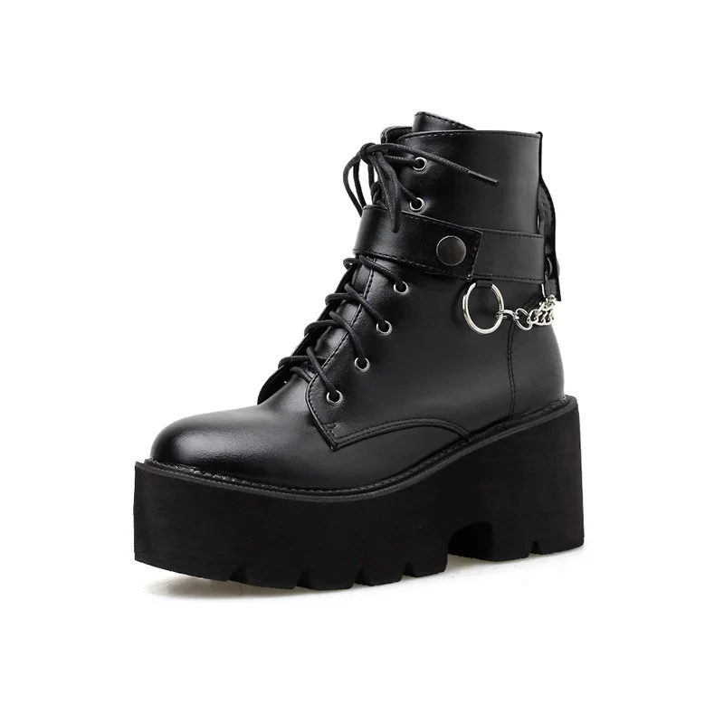 ELVIRAS; Новинка; пикантные женские кожаные осенние ботинки с цепочкой; обувь на платформе в готическом стиле; цвет черный, Панк; женская обувь высокого качества - Цвет: Черный