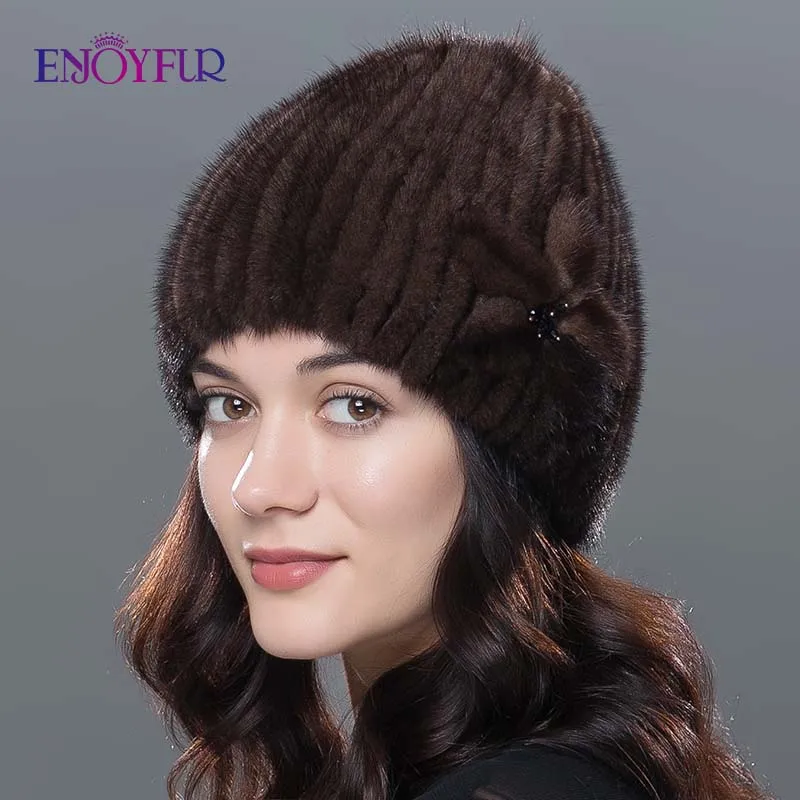 Женская шапка бини ENJOYFUR теплая вязаная из натурального меха норки на зиму|cap hair|cap