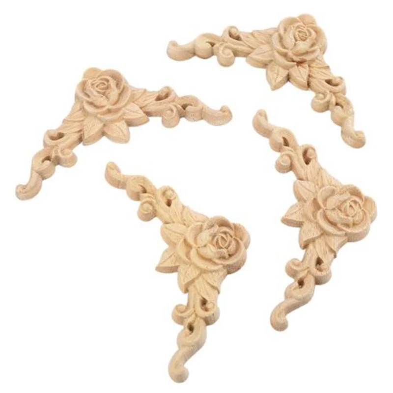 

Carved Corner Decal Decorate Frame Wooden Arts Home Décor Unpainted European Style Floral 4× Rose Durable Applique