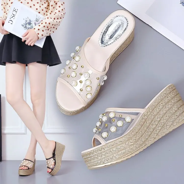 

Classics Casual Summer High Heel Slides Women Open Toe Outside High Slippers Wedges Crystal Solid Ladies Shoes