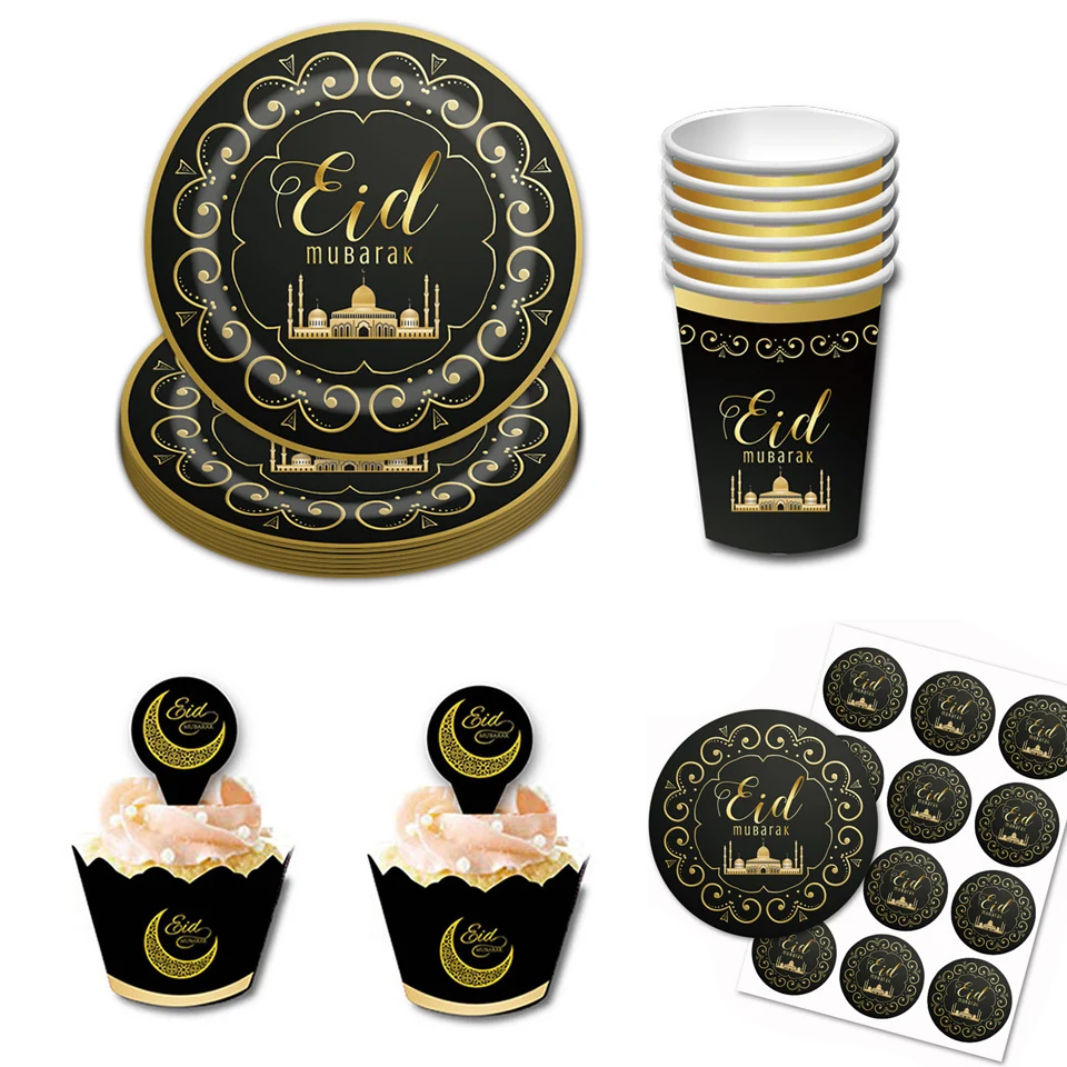 1set Eid Mubarak Disposable Tableware Gold Black Paper Cups Plates For