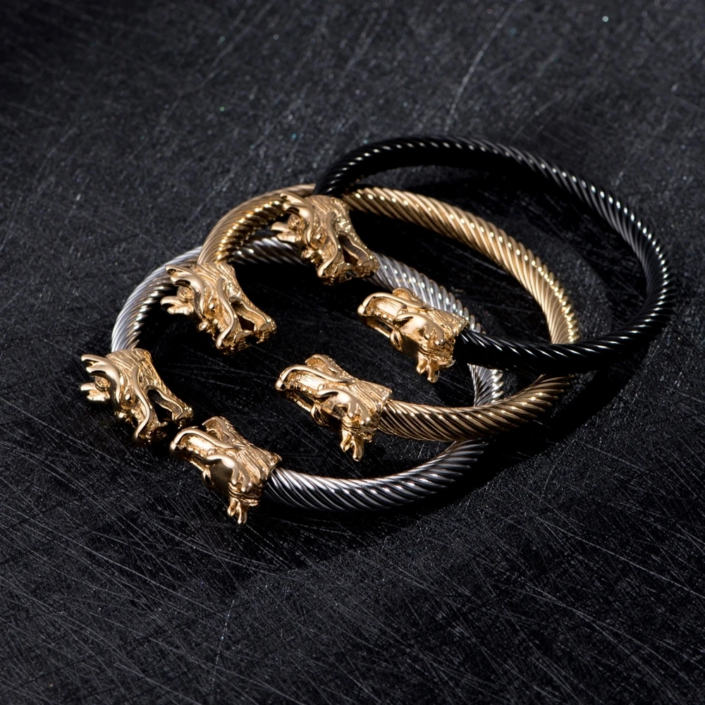 Details about   Men's Double Dragon Stainless Steel And Leather Bracelet 