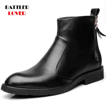 

Men's Boots Black Chelsea Boots for Male Slip-on Genuine Leather Waterproof Ankle Boots Men Increased Shoes Motor botas hombre