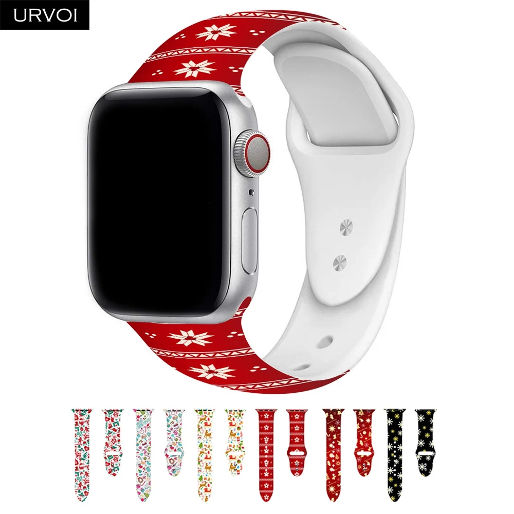 Подарочный ремешок URVOI для Apple Watch series 5, 4, 3, 2, 1, силиконовый ремешок с принтом на Рождество и год для iWatch, рождественские наручные часы 38, 40, 44 мм