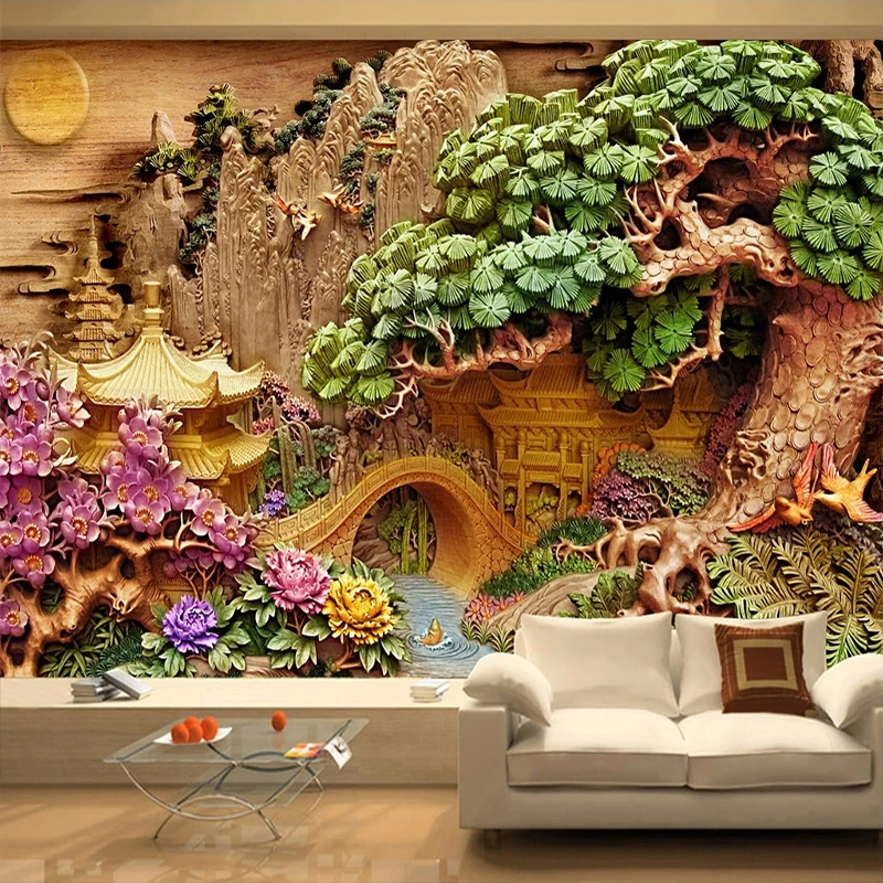 Custom Mountain Water Landscape 3D Wood Carving Art Decoration Wall Painting  Study Living Room TV Background Mural Wallpaper|Wallpapers| - AliExpress