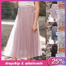 Готическая Женская юбка, женская модная Милая длинная Однотонная юбка с высокой талией, повседневная сетчатая юбка, jupe longue femme#281126