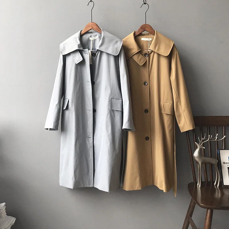 

Women Khaki Windbreaker Autumn Fall Cotton Single Breasted Korean Cardigan Blue Trench Coat Solid Color Female Loose Overcoat