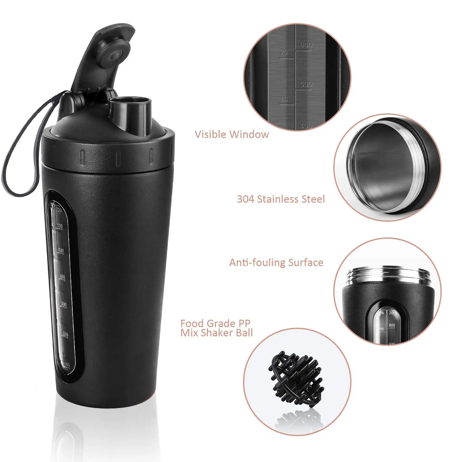 Stainless Steel Protein Shaker Bottle with Mixing Ball,Leak-Proof Protien  Shaker