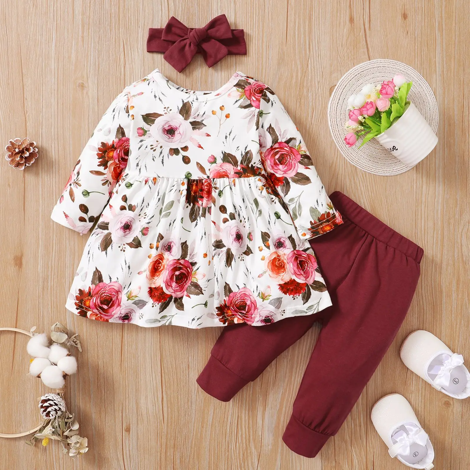 

Spring Autumn Girls Clothing Set Long Sleeve Print Skirt+Solid Color Pants+Turban 3Pcs Suit For 0-5 Years Kids Casual Outfit