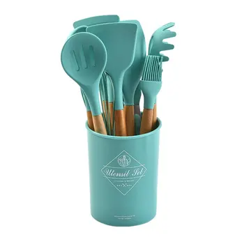 

11PCS/Set Silicone Cooking Utensils Set Non-stick Spatula Shovel Wooden Handle Cooking Tools Set With Storage Box Kitchen Tools