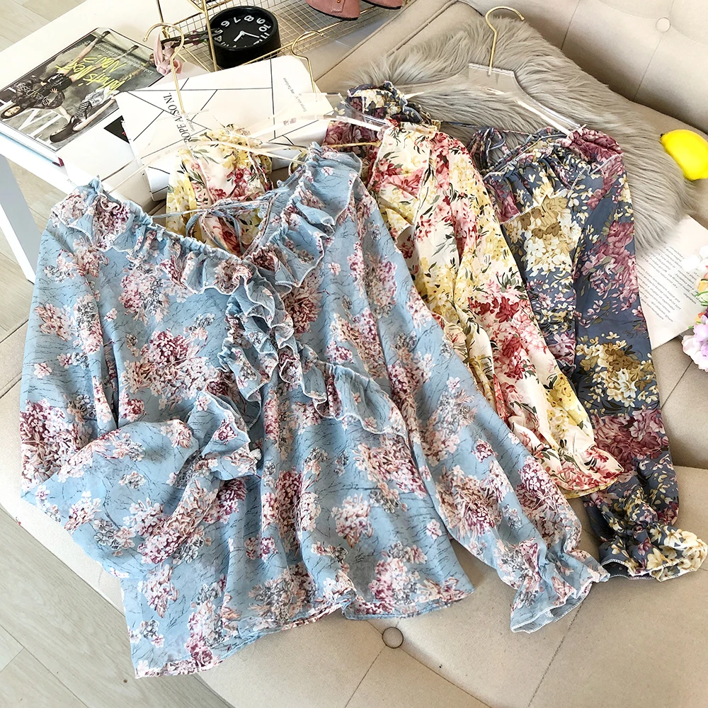 

Fairy bow knot open back floral chiffon shirt early spring new long-sleeved ruffled v-neck western shirt