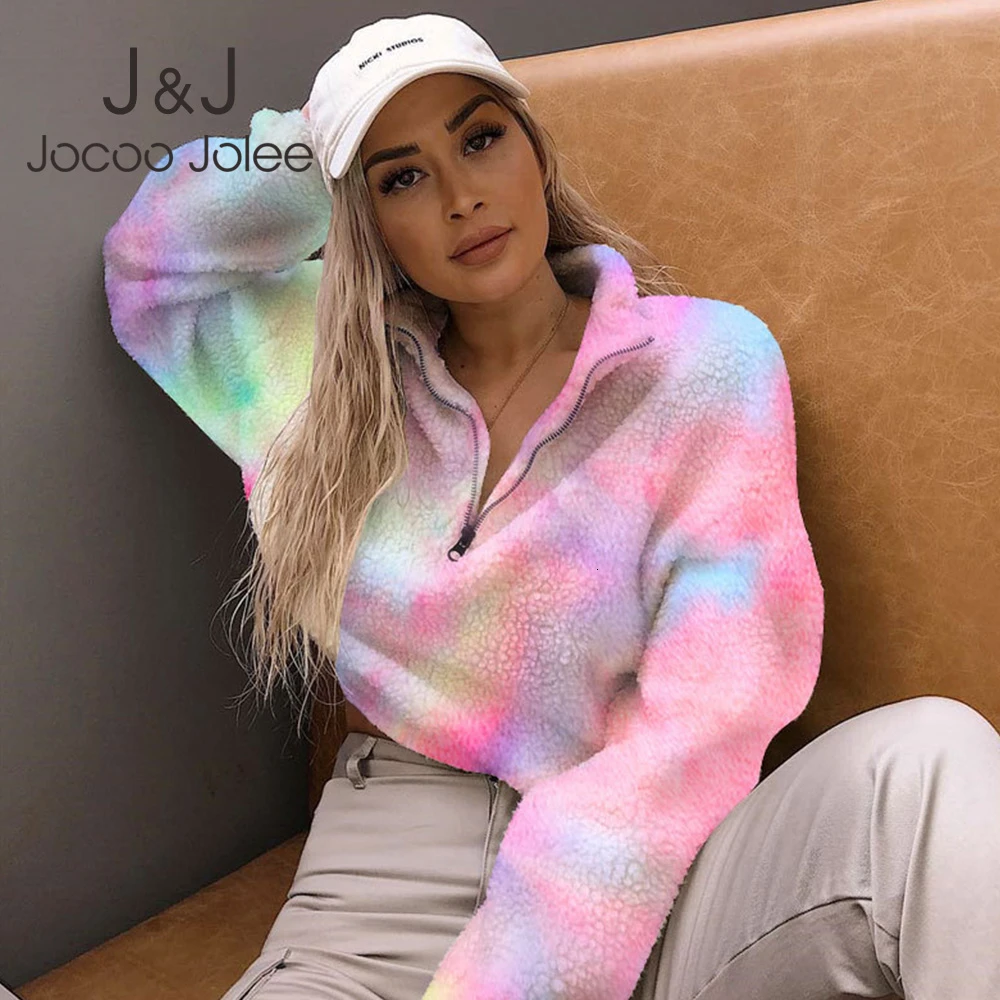 Jocoo Jolee женские Мягкие плюшевые укороченные топы на молнии с разноцветным принтом