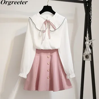

Spring New Preppy Style Pink/Apricot Two piece set Women Sweet O-neck Ruffles Bow White Shirt + Button Deco A-line Skirt Suits