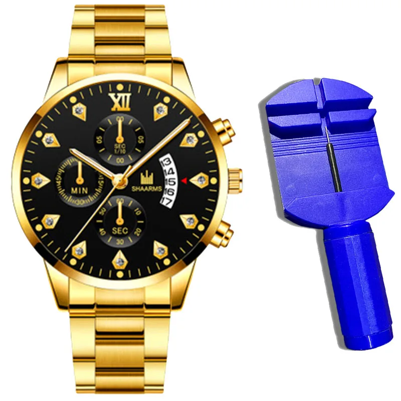 2021 Luxury Brand SHAARMS Alloy Strap Men's Watch Diamond Waterproof Quartz Watch for Men's Analog Three-eye Calendar Male Clock 