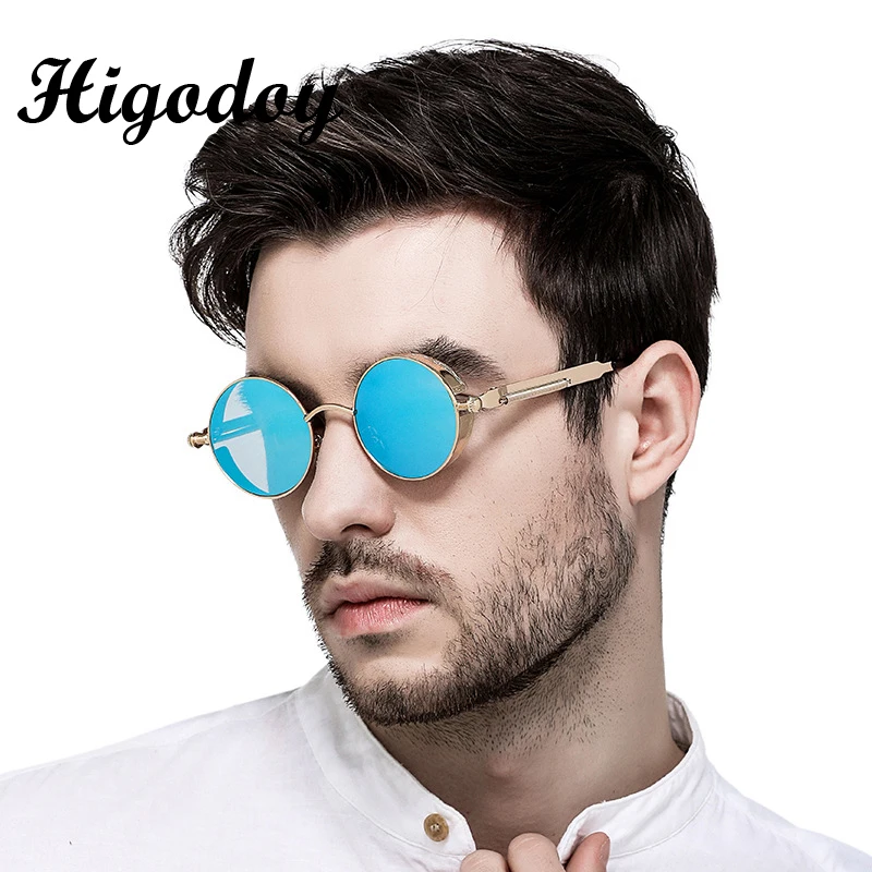 

Higodoy New Retro Round Metal Steampunk Sun Glasses Women Vintage Spring Legs Reflective Womens Sunglasses Brand Designer 2019