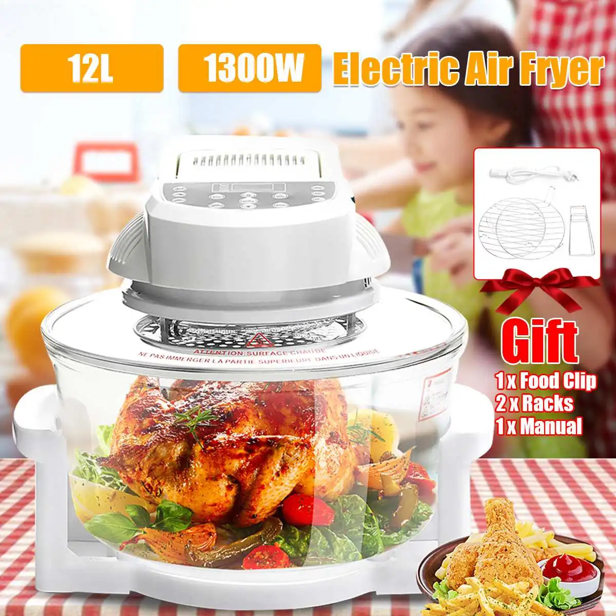 

12L 1300W Electric Air Fryer Machine Halogen Infrared Oven French Fries Chicken Skillet Electric Cooker BBQ Bake Cooker + Gift