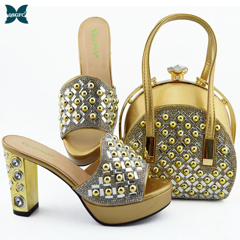 

Lates Special Design in Gold Color Comfortable Heels Nigerian Women Shoes Matching Bag for Party Italian Design Ladies Shoes