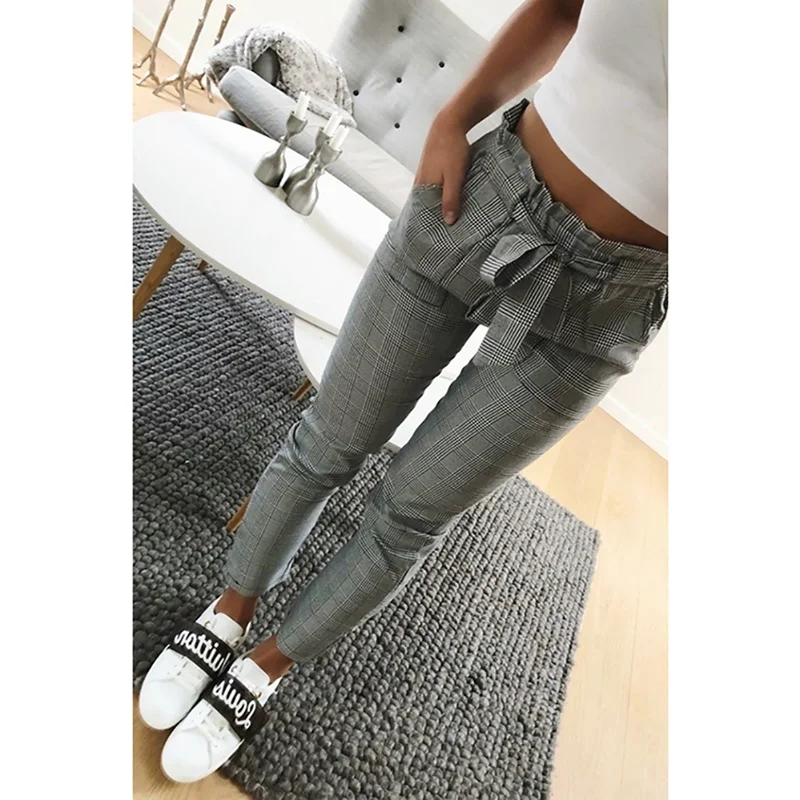 Plaid Pants Women Autumn Lattice Print Loose Elastic High Waist Tie Straight Casual Long Pants