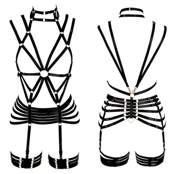 

Punk Top Harness Belt Black Lingerie Set Bondage Garter Belt Leg Strappy Adjust Dance Rave Sexy Women Full Body Bra Suspenders