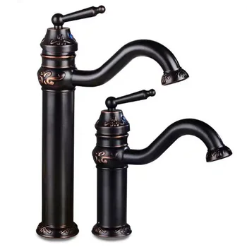 

European style carved black basin faucets for bathroom full copper vintage Cold/Hot Mixer Basin Sink Tap 360 degree rotary