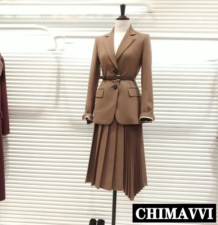 

2019 Spring Autumn Korean Ladies Long Sleeve Suit Blazer Jacket + High Waist Irregular Pleated Skirt Ol Women Career Skirt Suits