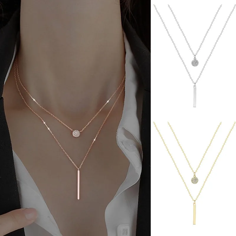 MATIHAY Handmade Set Of 2 Sterling Silver Necklaces - V Shape Pendant  Necklace - Double Layer Unique Inlaid Zircon Clavicle Chain（White Gold）