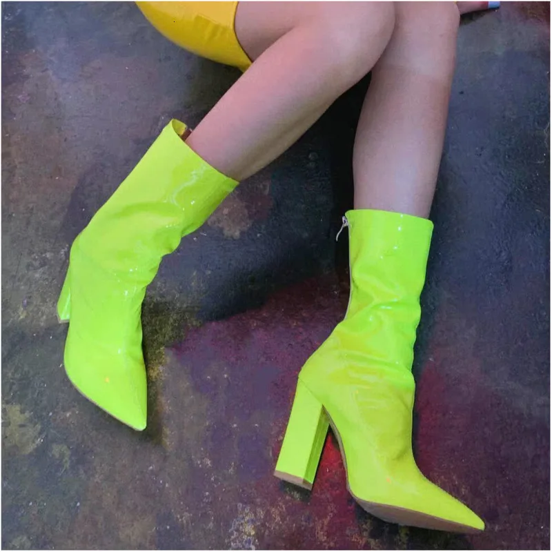

Women Ankle Boots Pointed Toe Square Heel Shoes Ladies Sexy Green Patent Leather Fashion Autumn Zipper High Heels Boots Woman