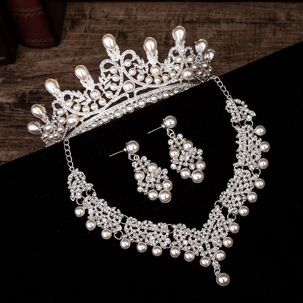 KMVEXO 3 шт. великолепные жемчужные свадебные комплекты ювелирных изделий для невесты женский костюм невесты Кристальные Тиары Корона ожерелье серьги наборы