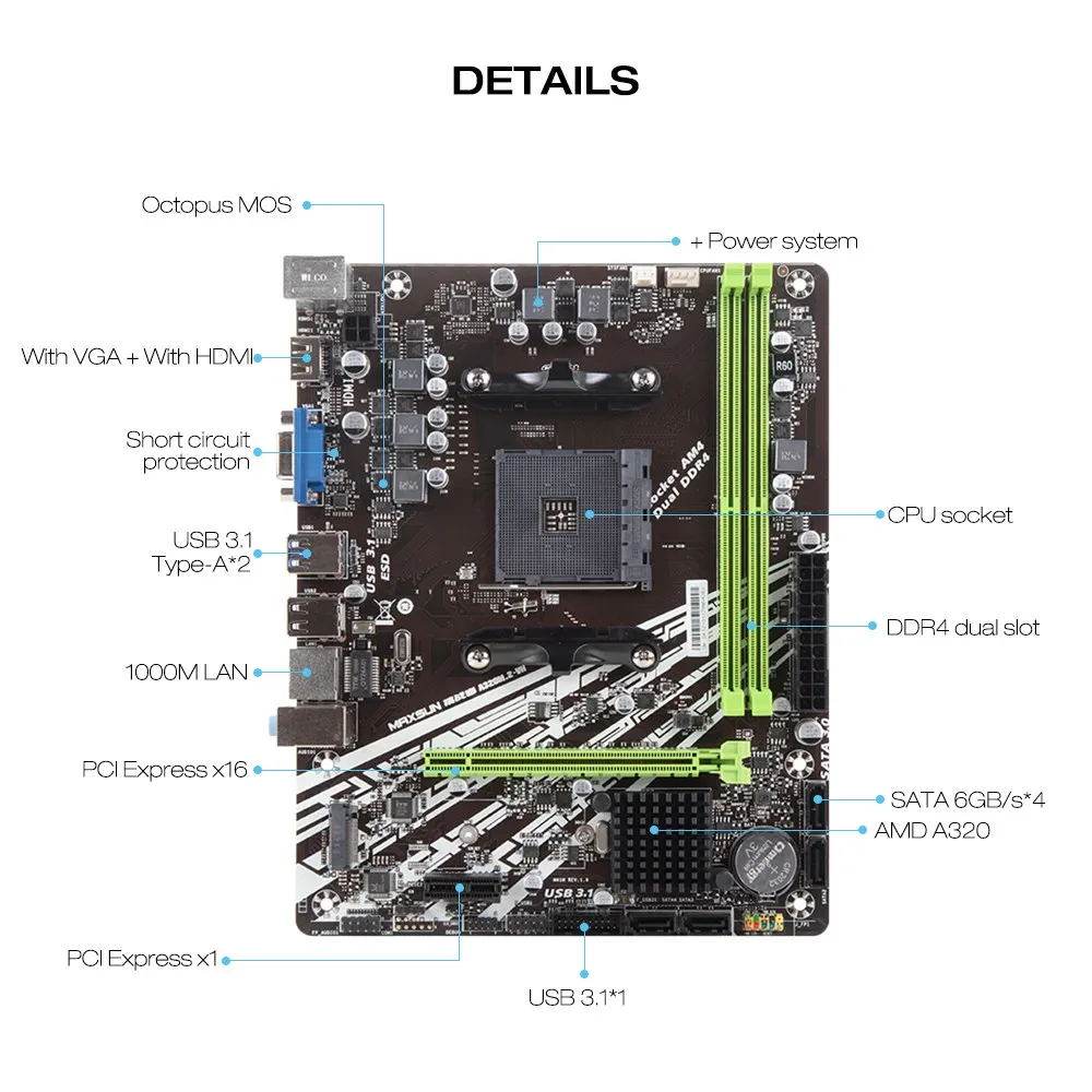 Материнская плата MAXSUN AM4 A320M.2 VH Challenger AMD DDR4 4G 2666 МГц слоты памяти Rams CPU 200GE HDMI + VGA