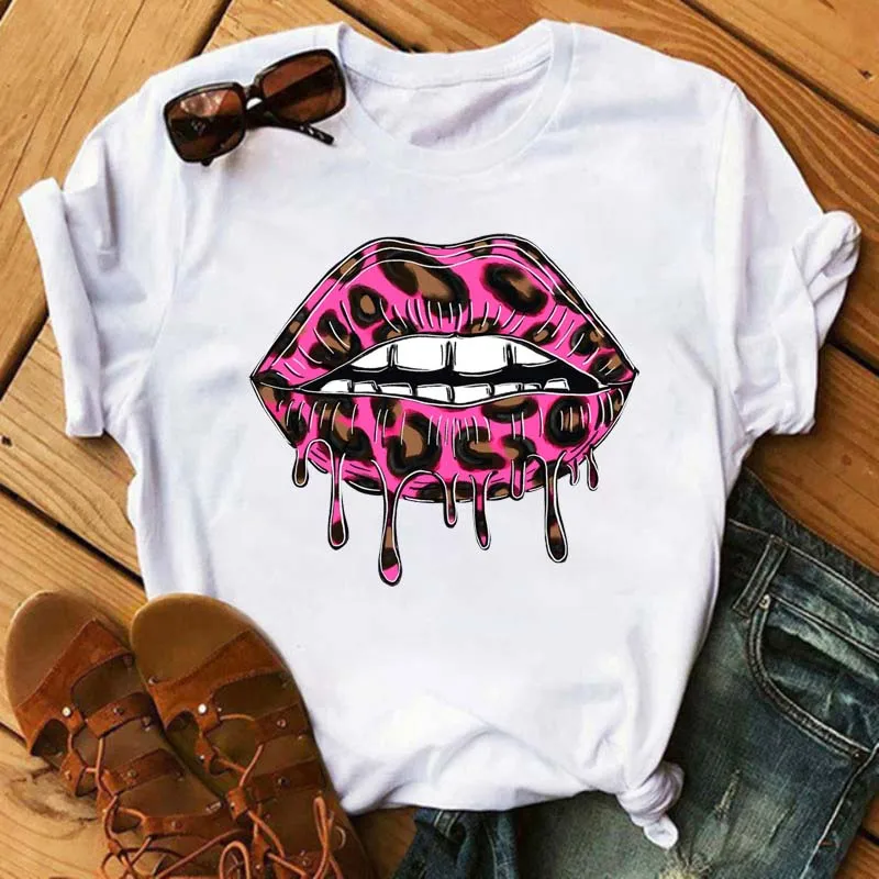 New Fashion Women's Casual Lip Printed T-Shirt Summer Short Sleeve T-Shirts Vintage Funny Leopard Lips T-Shirt Femme Black Tops t shirt Tees