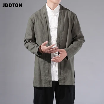 

JDDTON Men's Kimono Open Stitch Cotton Linen Jackets Solid Outerwear Coats Loose Casual Male Long Sleeve Retro Overcoats JE116