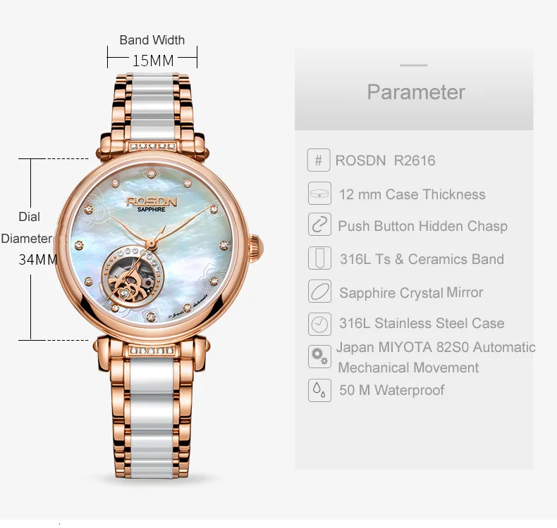 Новые ROSDN женские часы люксовый бренд Япония MIYOTA автоматические механические часы для женщин алмаз скелет Сапфир Водонепроницаемый R2616