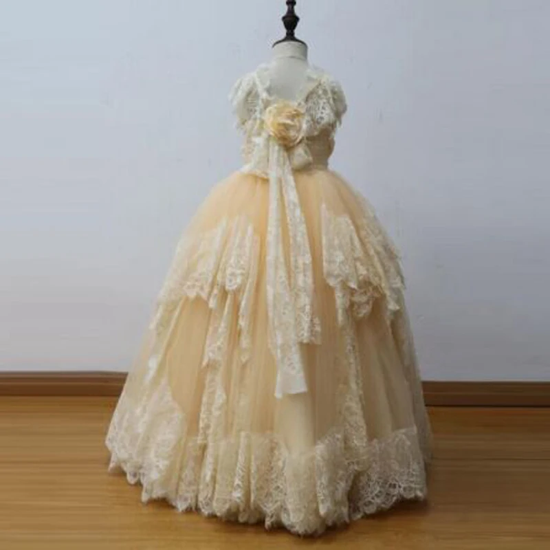 Кружевное бальное платье с рукавами-бабочкой и аппликацией; Платья с цветочным узором для девочек; милое платье без рукавов с круглым