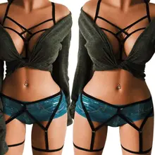 Womens 2 Piece Body Harness Lingerie Set Erotic Hollow Out Elastic Strappy Bandage Underwear Caged Gothic Full Bodysuit Clubwear