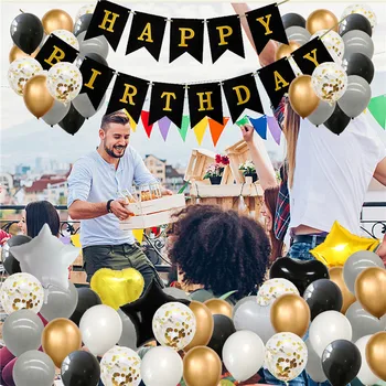

Birthday balloon set black gold fishtail flag paper tassel banner confetti party decoration supplies