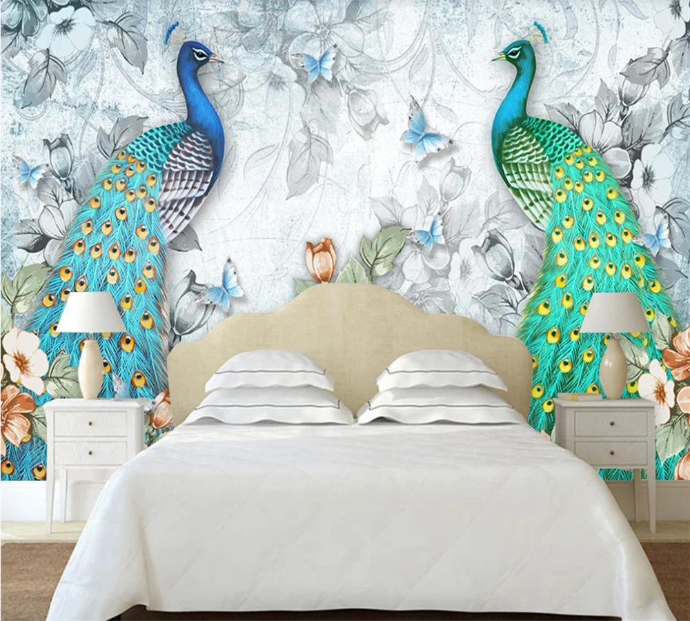 Custom 3D wallpaper mural modern fresh three-dimensional 3D auspicious peacock flower butterfly TV background