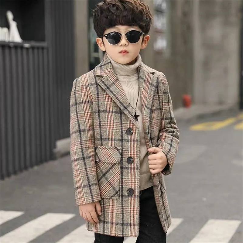 Boy Wool Coat for Autumn & Winter Children's Jacket Fashion Turn Collar Plaid Keep Warm Outerwear Teenage Clothes