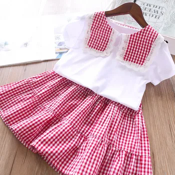 

2020 Summer Girls Sets Lace Square Collar Plaid T Shirt and Skirts Childrenswear Wholesale
