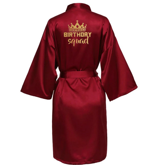 Birthday Party Queen&Squad Robes Satin Pajamas Robe Dressing Gown Pajamas gold writing kimono robe 3