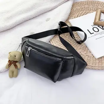 

Fashion Solid Color Women Fanny Waist Bags PU Leather Bear Pendant Chest Shoulder Pack Ladies Zipper Phone Pouch