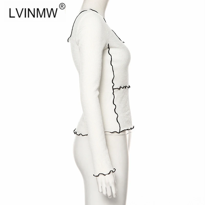 LVINMW, Сексуальная футболка с буквенным принтом, длинным рукавом, рюшами и u-образным вырезом, Осень-зима, женские вязаные тонкие футболки, женская уличная одежда, топы